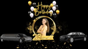 limousine and cadillac cts with birthday girl picture near Jupiter florida with black background, limousine provide by diamond lux limo palm beach